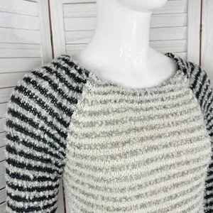 Loft Striped Boucle Knit Pullover Sweater Tan‎ Grey Black XS Colorblock thumbnail 5