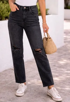 American Eagle Black Mom Straight Distressed Jeans thumbnail 1