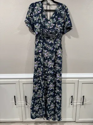 NWT Floral V-Neck Navy Jumpsuit with Lavender Blooms thumbnail 2