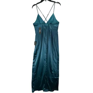 Lulus Maxi Dress XL Teal Blue Satin Gown Divine‎ Entrance Criss Cross Back Slit thumbnail 8