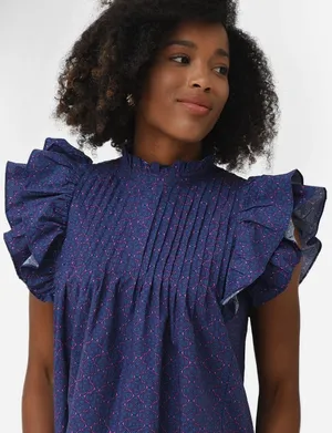 OLIPHANT Tuckernuck Pintuck Ruffle Button Blouse Top Blue‎ Print Size XS thumbnail 1