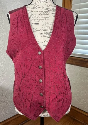 VTG 80’s 90’s Jane Ashley Burgundy Leather Satin Snap Front Vest BOHO Size S thumbnail 1