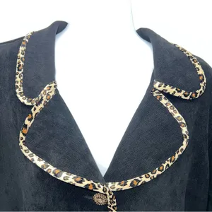 Courtenay Women’s Short Sleeve Casual Black Button Down Top w/Leopard Print Trim thumbnail 4