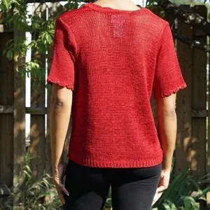 Sag Harbor 🍁 Bright‎ Red Scalloped Edge Open Knit Cardigan thumbnail 4