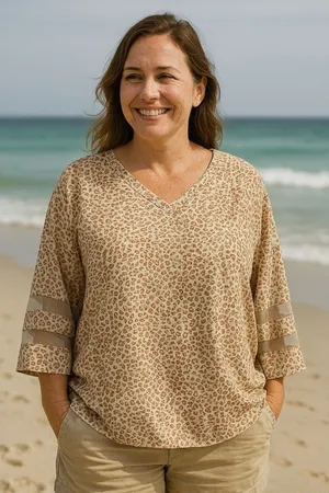 Riley & James Womens XL Leopard Print V-Neck Blouse Mesh Stripe 3/4‎ Sleeve Tan thumbnail 1