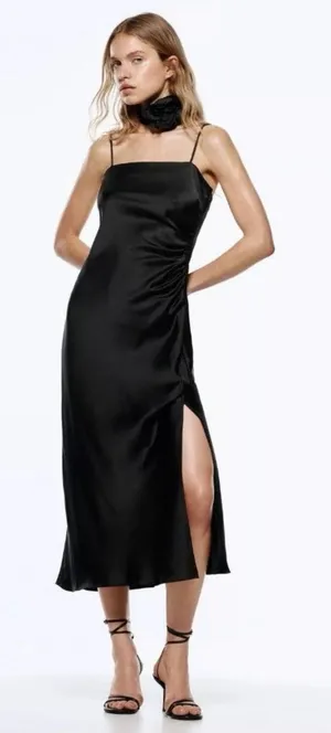 Zara Black Silk Satin Spaghetti Strap Cami Camisole Midi Tank Slip Dress Size M thumbnail 1