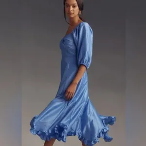 NWT Anthropologie HUTCH Twist Front Puff Sleeve Ruffle Hem Dress Sky Blue thumbnail 3