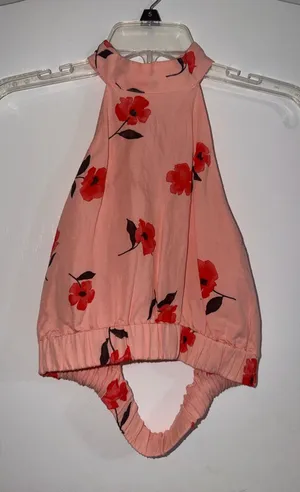 Zara Peach Halter Crop Top with Red Floral Accents thumbnail 1