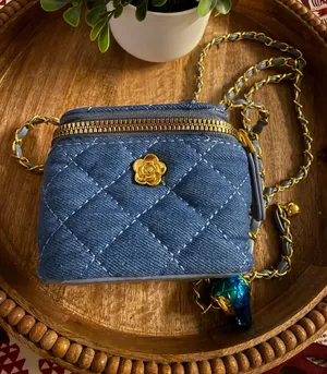 Denim Quilted Crossbody Bag with Gold Flower Charm thumbnail 1