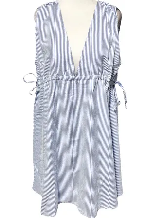 New ASOS Seersucker Plunge V-Neck Tie Waist Mini Sundress Blue White Size 4 thumbnail 2