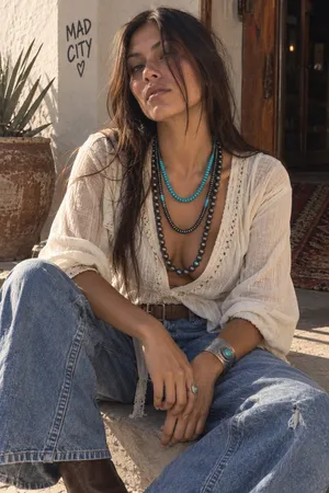Artisan Turquoise & Gunmetal Triple Strand Beaded Necklace Southwestern Statement thumbnail 1