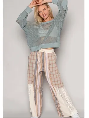 POL NEW relaxed fit patchwork cotton pants plaid, stripes, lace detail medium thumbnail 5