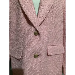 H&M Pink Textured Tweed Blazer Jacket Gold Buttons Oversized Women Medium thumbnail 3