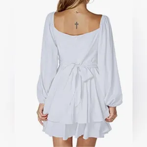 LYANER Wrap Tie Back Square Neck Double Layer Ruffle Hem A Line Mini Dress Sz M thumbnail 11