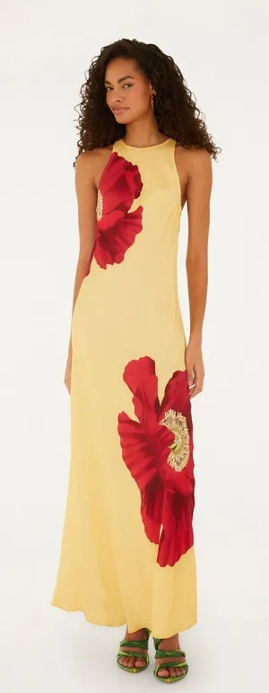 Farm Rio Light Yellow Poppy Flowers Sleeveless Maxi Dress size large thumbnail 1