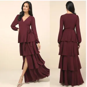 NWT Lulus Small Marvelous Grace Plum Long Sleeve Tiered Wrap Maxi‎ Dress Sz XS thumbnail 2