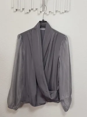 Miss Sparkling Silver Gray Satin Surplice Wrap Blouse Draped Long Sleeve Top thumbnail 2