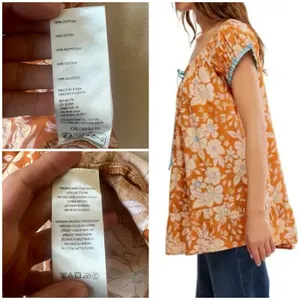 Free People Boho Floral Tunic Top Orange S Cotton Tie Neck Cap Sleeve Ruffle Hem thumbnail 7
