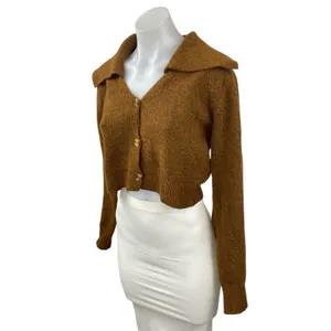 Commense Womens Brown Knit Long Sleeve Button Down Crop Cardigan Sweater Top S thumbnail 3