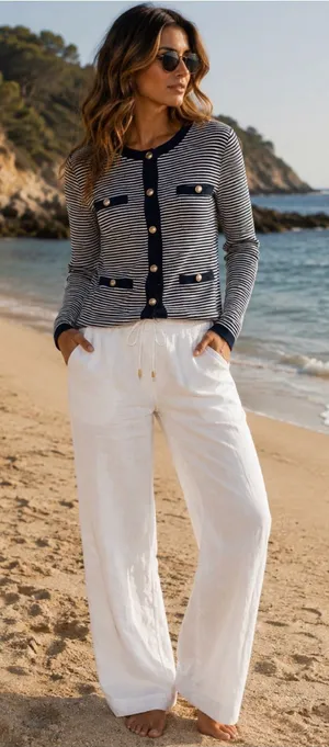 LOFT Navy and White Striped Cardigan with Gold Buttons thumbnail 1