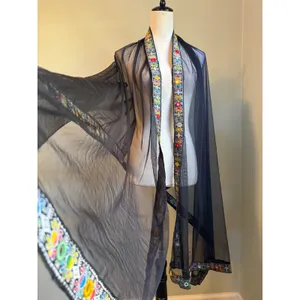 Black Mesh Dupatta Scarf MultiColor Floral Embroidery Mirror Work boho whimsigot thumbnail 4