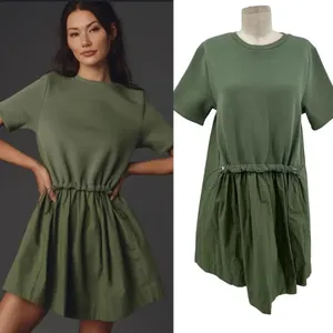 Anthropologie Pilcro Sweatshirt Twofer Mini‎ Dress Short-Sleeve Moss Green Small thumbnail 2