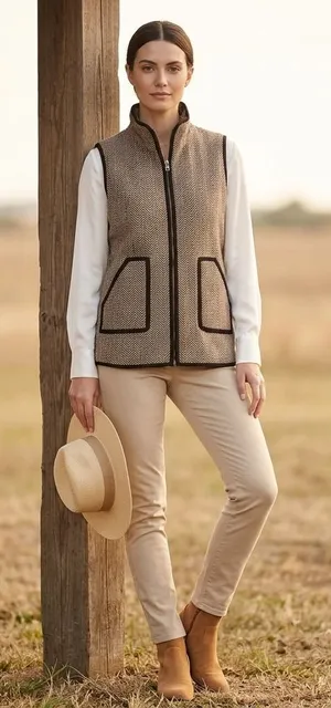 Zeagoo Herringbone Quilted Vest Brown Cream Equestrian Full Zip Pockets Small thumbnail 1