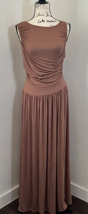 Halara Draped Sleeveless Maxi Dress Brown Gathered Waist Size M Elegant Jersey thumbnail 1