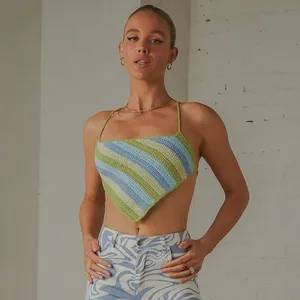 Peppermayo Cancun Crochet Halter Top - Green and Blue Striped Crop Top thumbnail 3
