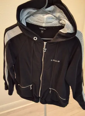 Bebe Short Zip Up Hoodie Y2K Style Womens L Black White Stripe Rhinestone Logo thumbnail 1