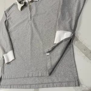 Aerie Cotton Prep Rugby Oversized Polo Long Sleeve Shirt Women’s XS Gray/White thumbnail 5