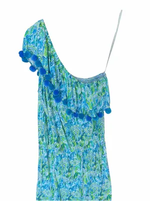 Lilly Pulitzer - Idara One-Shoulder Pom Pom Romper Blue Green Sz M thumbnail 4