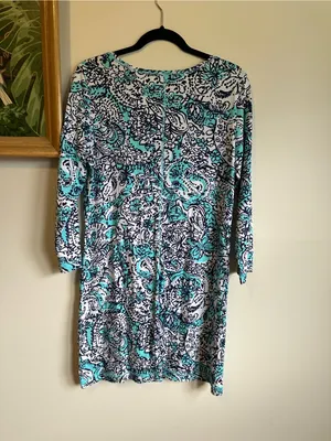 Lilly Pulitzer Juliet Dress Hippy Hippy Shake Womens Large V Neck Blue Black thumbnail 6