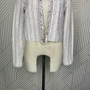 Theory Galinne Speckle Boucle Knit Fringe Sweater Jacket Cream Red Size Small‎ thumbnail 7