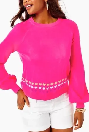 EUC Lilly Pulitzer Alyona Heart Jacquard Puff Sleeve Sweater Pink Size Medium thumbnail 1