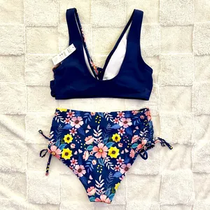 New CUPSHE Ruched Cinch Side Bottom Twist Front Blue Floral Beach Boho Bikini Sm thumbnail 3