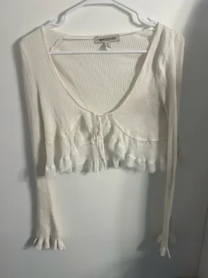 Urban Outfitters White Long Sleeve Knit Tie Front Top thumbnail 1
