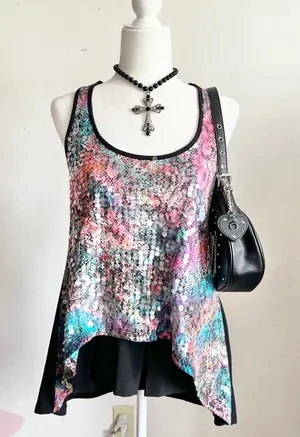 Pink Sequin Tank Top, Mermaidcore,‎ Coquette, Rave, Baddie, Retro, Medium thumbnail 1