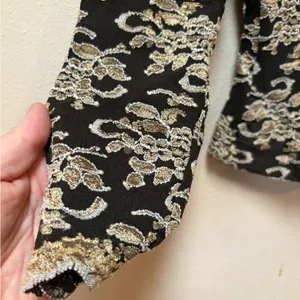 Moda Vintage Black Gold Lace Top Y2K Going Out Sheer Long Sleeve Large thumbnail 6