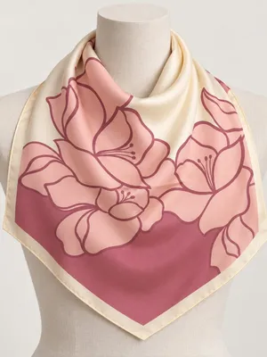 Pink Floral Square Scarf – Cream & Dusty Rose Silky Feel thumbnail 1