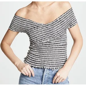 Revolve Cupcakes Cashmere Bowman Top Off-The-Shoulder Smocked Gingham Wrap Bardot Blouse thumbnail 6