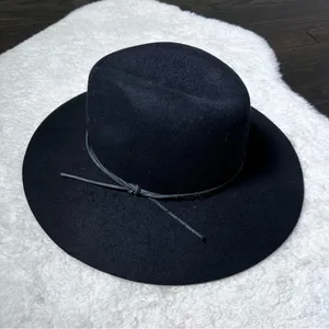Phenix Black 100% Wool Leather Band Wide Brim Hat thumbnail 3