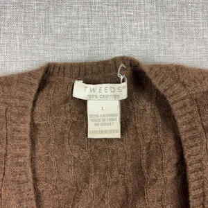 Tweeds Sweater Womens Large Brown V Neck Cable-Knit 100% Cashmere Pullover thumbnail 7