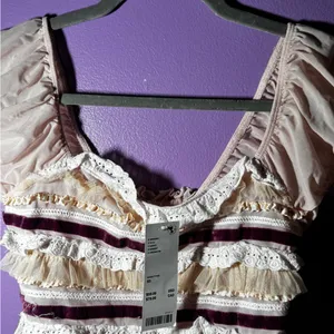 Kimchi Blue Ruffled Square-Neck Crop Top in Blush with Purple Accents thumbnail 7