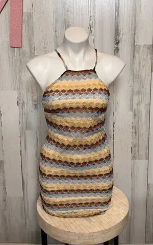 Derek Heart Lace Mini Dress Size Medium Striped Bodycon Halter Criss Cross Back thumbnail 1