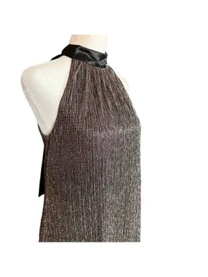 Laundry by Shelli Segal Metalli Gold Shimmer & Black Satin Bow Halter Mini DSz 6 thumbnail 7