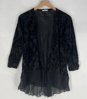 Maurices Black Sheer Floral Burnout Velvet Chiffon Lace Trim Open Front Cardigan thumbnail 1