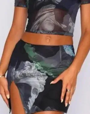 NWT White Fox Renaissance Print Mesh Mini Skirt with Slit size xs thumbnail 1