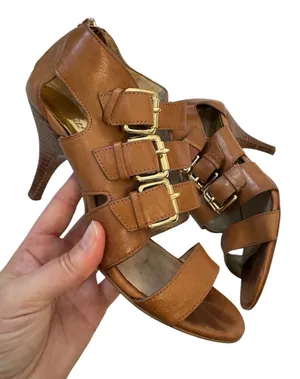 Michael Kors Tan Leather Strappy Buckle Kitten Heels Womens 6.5 Y2K Dressy thumbnail 1