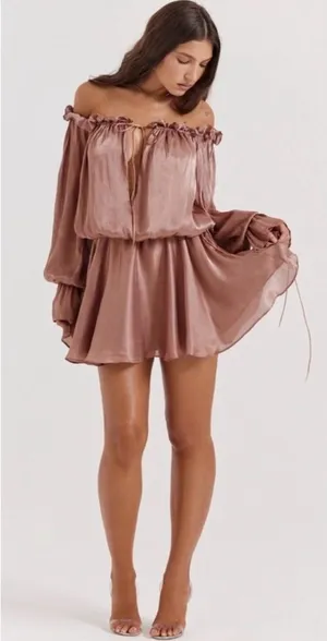NEW House Of Cb Hazelnut Chaya Off Shoulder Chiffon Blouson Long Sleeve dress S thumbnail 1